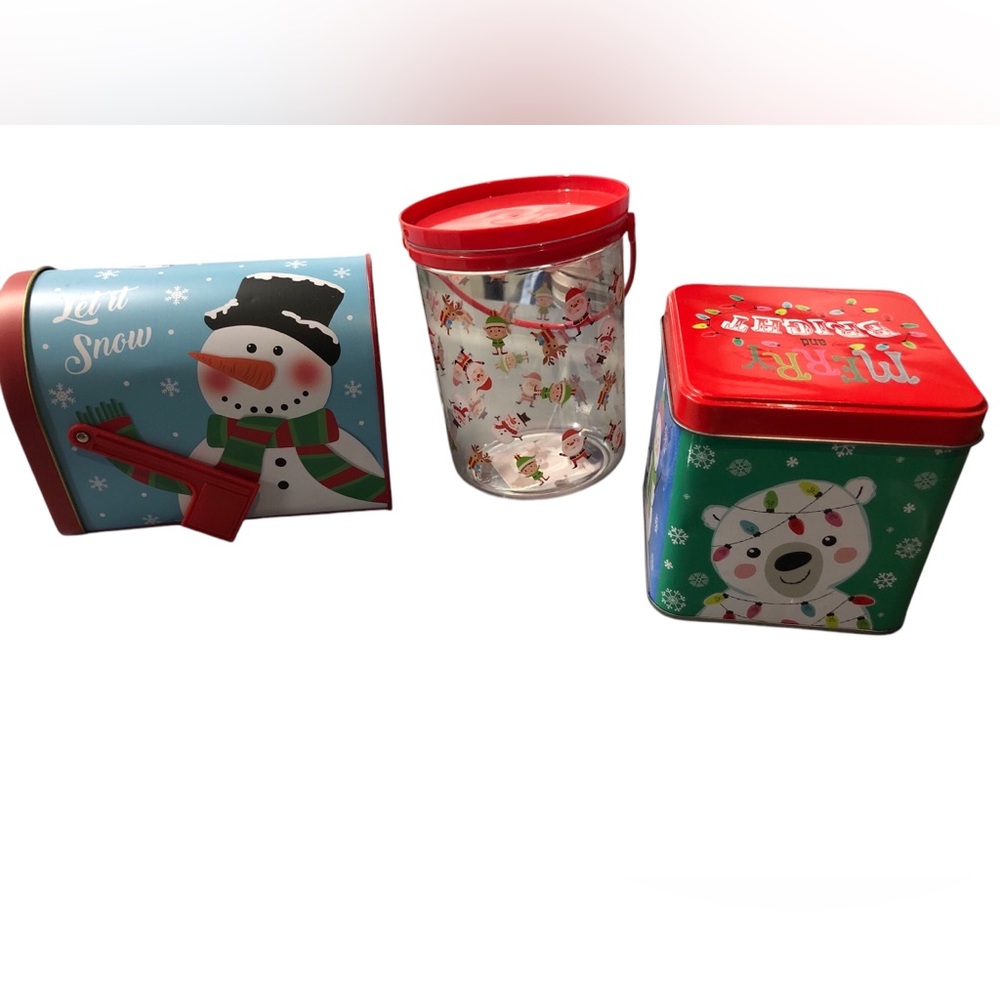 2-twoChristmas Cookie Tins with Lids, And 1 Treat Plastic Container